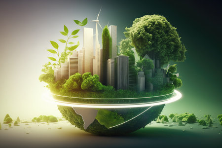 Green business and sustainable development using renewable energy. Concept to lower CO2 emissions. Green renewable energy can reduce climate change and global warming. Generative AI.の素材