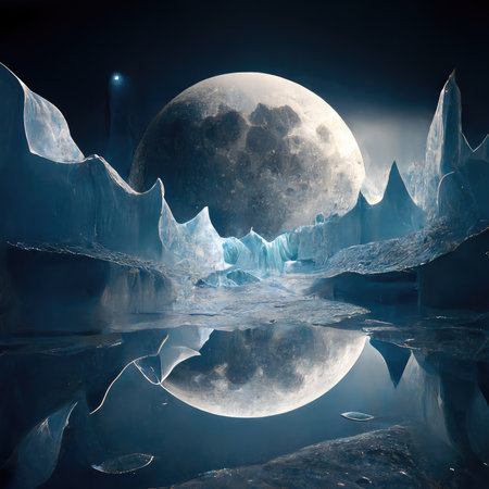 Moon rising over glaciers and lake. Generative AI.の素材