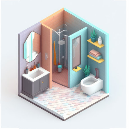 Isometric diorama bathroom isolated on white background, 3d digital rendering. Generative AI.の素材