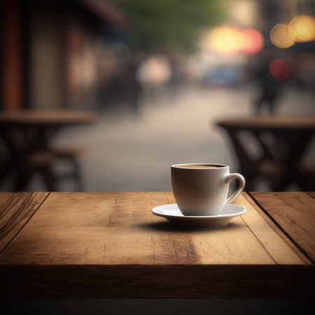 Cup of coffee on a wooden table, blurred lights in background. Outside cafe terrace. Generative AI.の素材