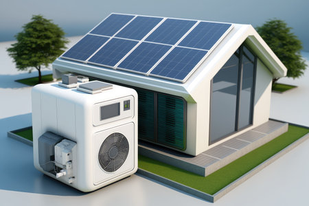 solar panels and an air heat pump. a home with alternative energy sources. Generative AI.の素材