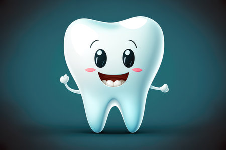Illustration of a smiling white, healthy tooth. Cartoon smiley tooth that might work well in a pediatric dental clinic. Kids' Tooth Character. Dentist Mascot Cute.. Generative AI.の素材