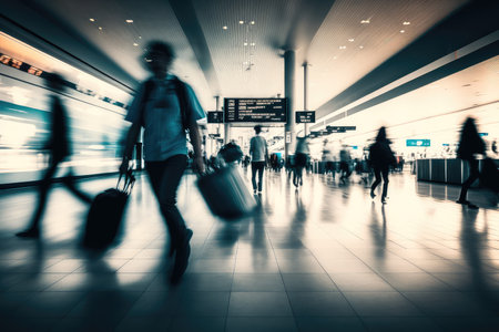 People traveling, walking through airport, motion blur, wide shot. Generative AI.の素材
