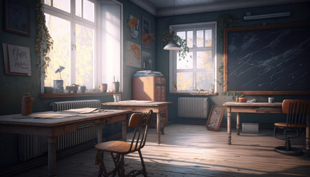 Old school classroom with tables. Generative AI.の素材