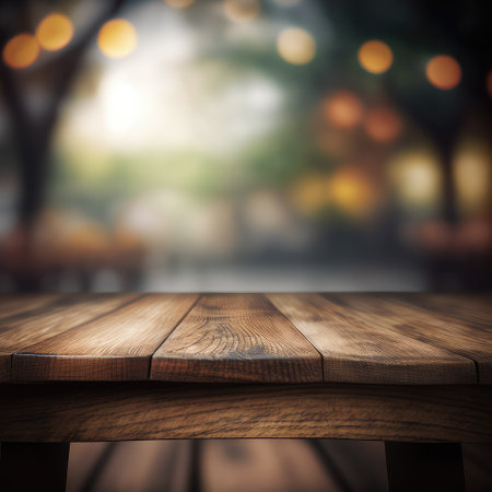 Mockup, Wooden board empty table in front of blurred background. Generative AI.の素材
