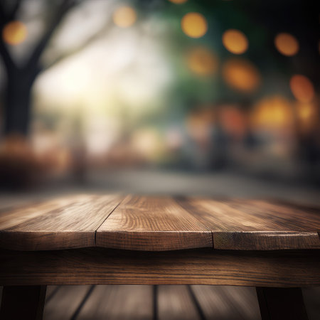 Mockup, Wooden board empty table in front of blurred background. Generative AI.の素材