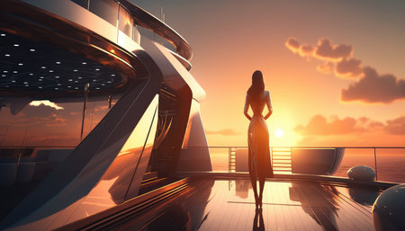 A sporty, elegant, modern Asian businesswoman is standing on the deck of a luxurious and futuristic yacht. A breathtaking sunset. Generative AI.の素材