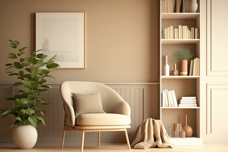 Empty wall mock up in warm beige living room with chair, book shelf, and plant in vase. Generative AI.の素材