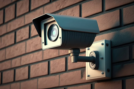 CCTV surveillance security camera equipment in a tower home and house building mounted on a wall for outside safety system. Generative AI.の素材