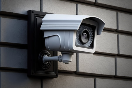 CCTV surveillance security camera equipment in a tower home and house building mounted on a wall for outside safety system. Generative AI.の素材