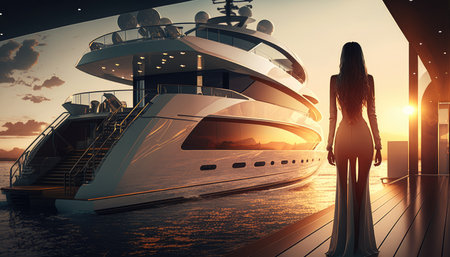 A sporty, elegant, modern Asian businesswoman is standing on the deck of a luxurious and futuristic yacht. A breathtaking sunset. Generative AI.の素材