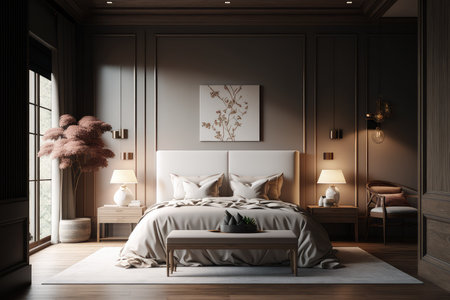 A hyper realistic minimalistic styled master bedroom, organic style, neutral colors, style, scandinavian, minimal, large window. Generative AI.の素材