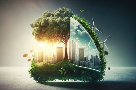 Green business and sustainable development using renewable energy. Concept to lower CO2 emissions. Green renewable energy can reduce climate change and global warming. Generative AI.の素材