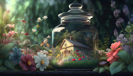 Miniature house in a glass pot plant garden. Generative AI.の素材