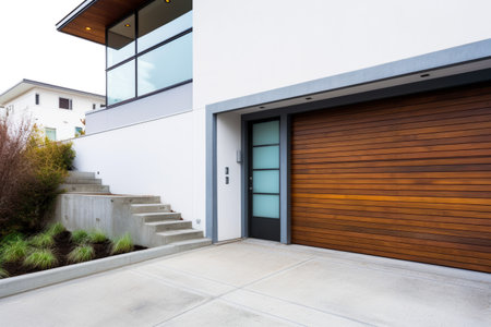 Modern garage doors with carport. Contemporary architecture, smart home; no cars parked and no people. Generative ai.の素材