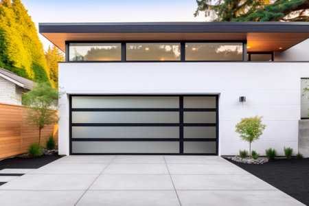 Modern garage doors with carport. Contemporary architecture, smart home; no cars parked and no people. Generative ai.の素材