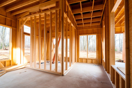 Unfinished interior of a prefabricated contemporary house. Construction site, building future home. Generative ai.の素材