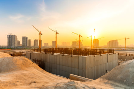 Construction site in Dubai, United Arab Emirates, skyscrapers in the distance. Cranes on the site. Modern architecture. New world, new investments. Generative ai.の素材