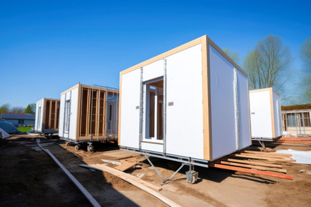 Unfinished exterior of a prefabricated contemporary house. Construction site, building future home. Generative ai.の素材