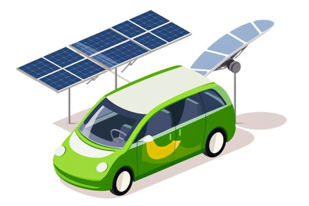 Modern electric car with solar charging station. Illustration of renewable energy options. Clean and environmental friendly transportation. Generative ai.の素材