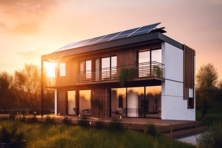 Modern prefabricated house at sunset. Contemporary living ideas. Smart and self sufficient home. Generative ai.の素材