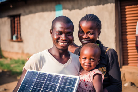 Young African American family holding a small solar panel, building their own solar plant. Generative ai.の素材