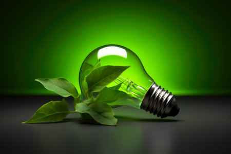 Concept photo of green energy resources. A plant and a light bulb with green vegetation. Eco friendly. Saving the planet. Generative ai.の素材