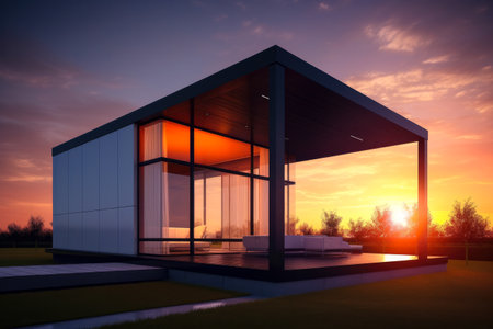 Modern prefabricated house at sunset. Contemporary living ideas. Smart and self sufficient home. Generative ai.の素材