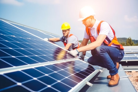 Engineers installing stand alone solar panel system. Using renewable energy sources to help with climate change. Generative ai.の素材