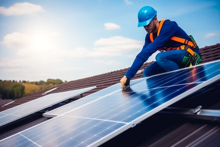Engineer installing stand alone solar panel system. Using renewable energy sources to help with climate change. Generative ai.の素材