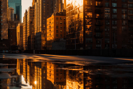 Sun reflecting in the tall skyscrapers in metropolitan area. Business district of a major world capital city. Generative ai.の素材