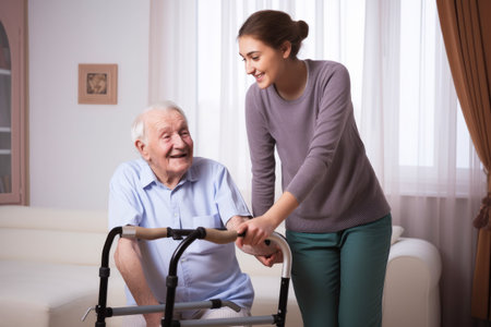 Life in a nursing home, elderly citizen and caregiver. Generative ai.の素材