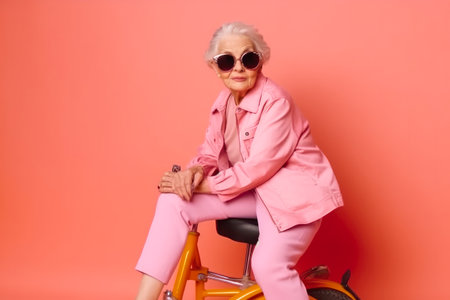 Elderly woman wearing stylish and colorful modern clothes; sitting on bicycle. Generative ai.の素材