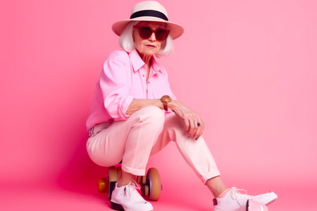 Elderly woman wearing stylish and colorful modern clothes; sitting on bicycle. Generative ai.の素材