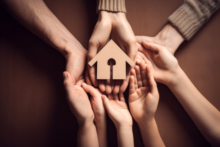 Hands holding paper family cutout. Building home and family concept. Generative ai.の素材