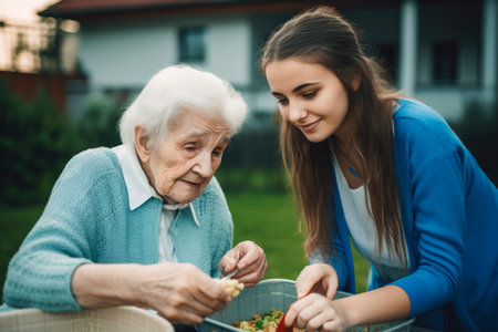 Young woman helping an elderly woman with her chores at home. Generative ai.の素材