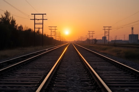 Railway track in the evening in sunset. Generative ai.の素材