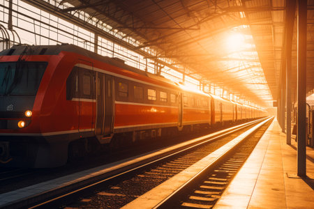 Railway station with modern red commuter train. Generative ai.の素材