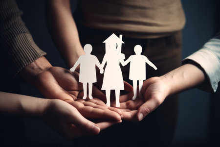 Hands holding paper family cutout. Building home and family concept. Generative ai.の素材
