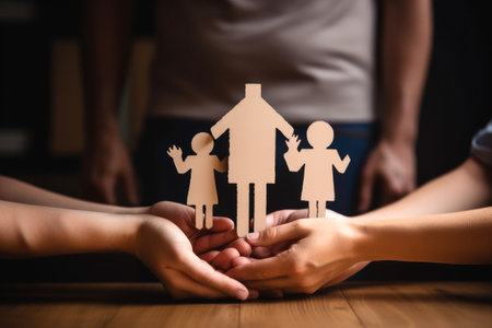 Hands holding paper family cutout. Building home and family concept. Generative ai.の素材