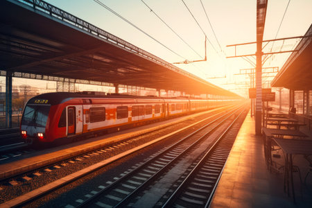 Railway station with modern red commuter train. Generative ai.の素材