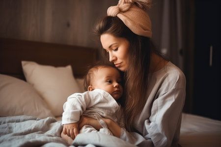 Mother's love to her child. There is no love like mother's love. Mother holding baby. Generative aiの素材