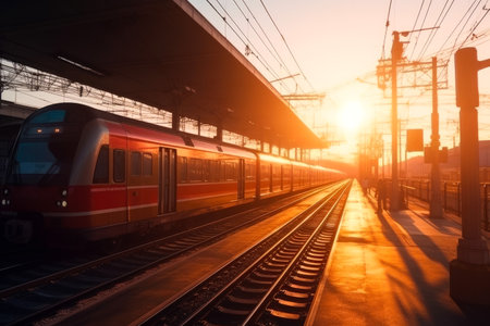 Railway station with modern red commuter train. Generative ai.の素材