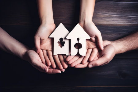 Hands holding paper family cutout. Building home and family concept. Generative ai.の素材