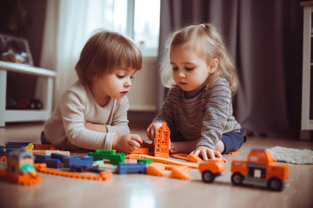 Little boy and girl playing with toys on the floor at home. Generative ai.の素材