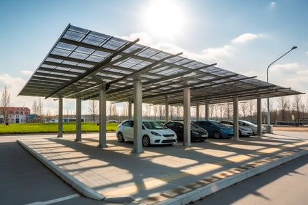Modern solar carport for public vehicle parking. Generative ai.の素材