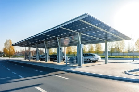 Modern solar carport for public vehicle parking. Generative ai.の素材