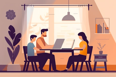 Illustration of a family: parents helping children with school work, online school. Generative ai.の素材