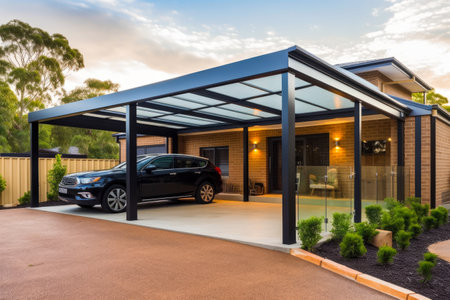 Modern steel carport in a family home. Modern house in the back. Generative ai.の素材