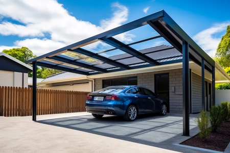 Modern steel carport in a family home. Modern house in the back. Generative ai.の素材